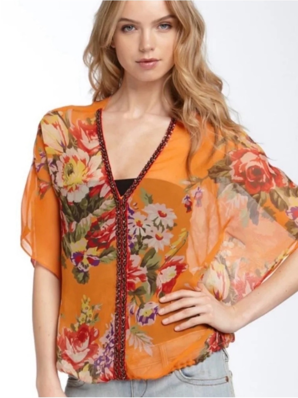 Free People Sheer Genius Boho Floral Embellished Top